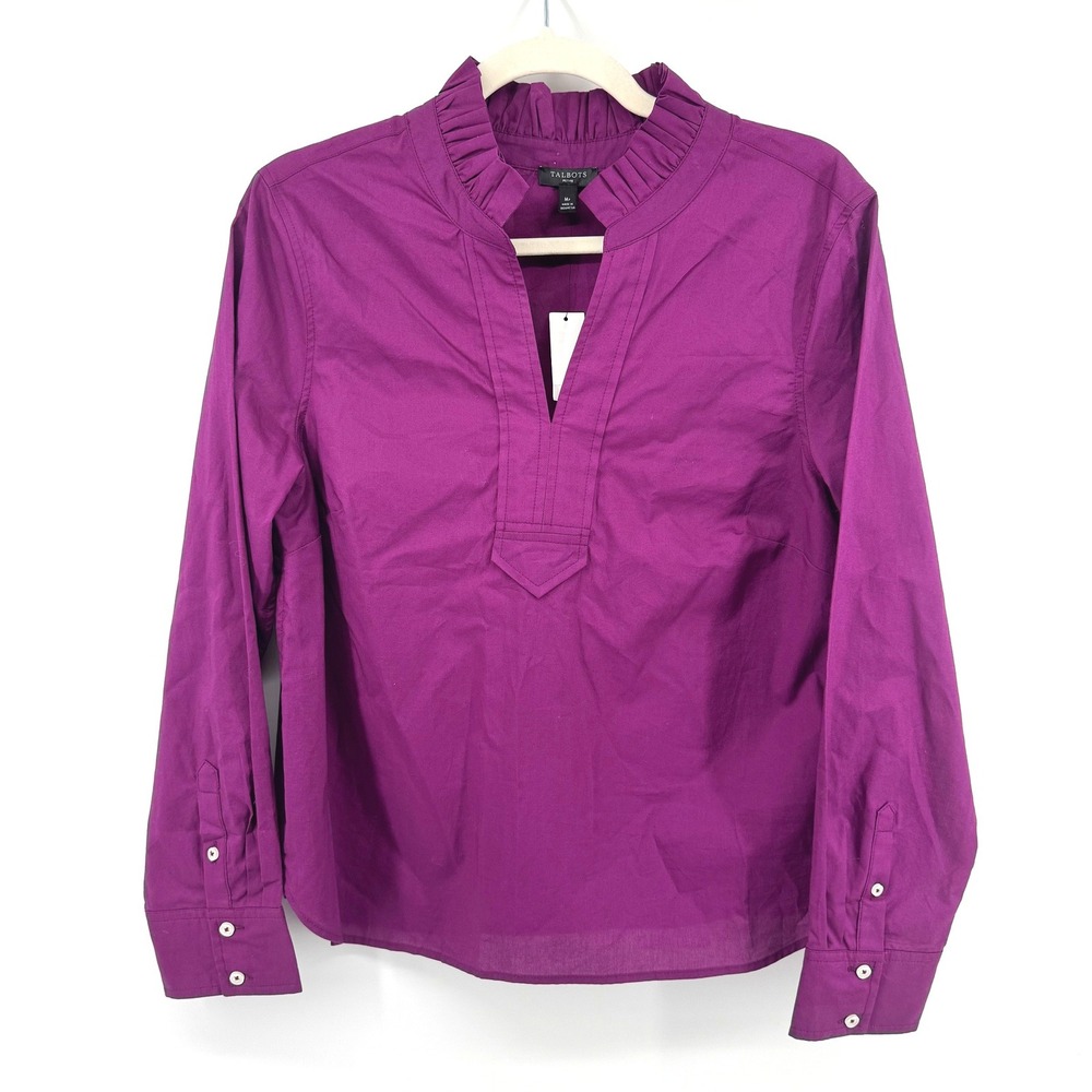 Talbots Blouse Women MP Purple Magenta Ruffle Neck Long Sleeve Office Minimalist